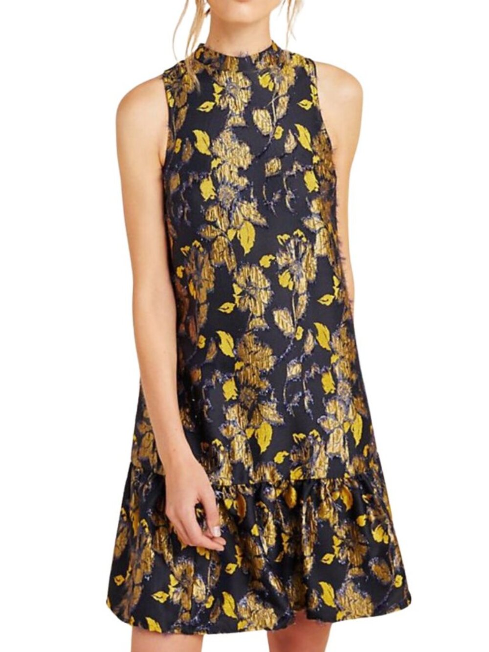 NWT Anthropologie Liza Textured Swing Dress Sz S Black Gold Metallic Floral Mini